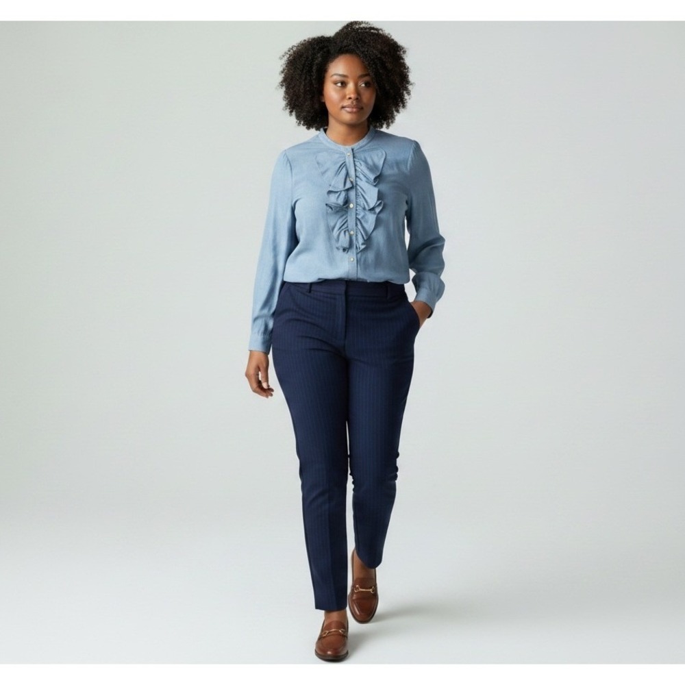 C. Wonder Ruffle Front Blouse 16W Chambray Denim Button Down Modern Elegant Chic